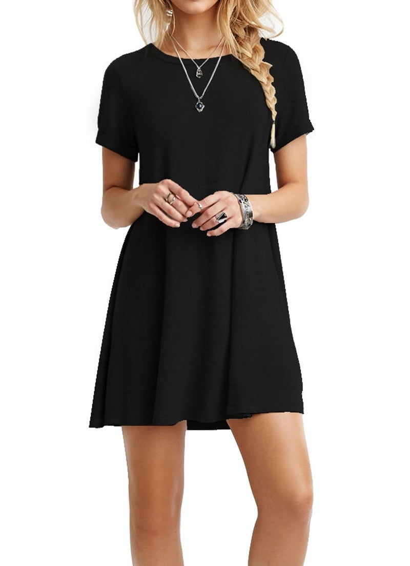 TINYHI Women's Swing Loose Short Sleeve Tshirt Fit Comfy Casual Flowy Tunic Cotton Dress Black,X-Large - Image 1